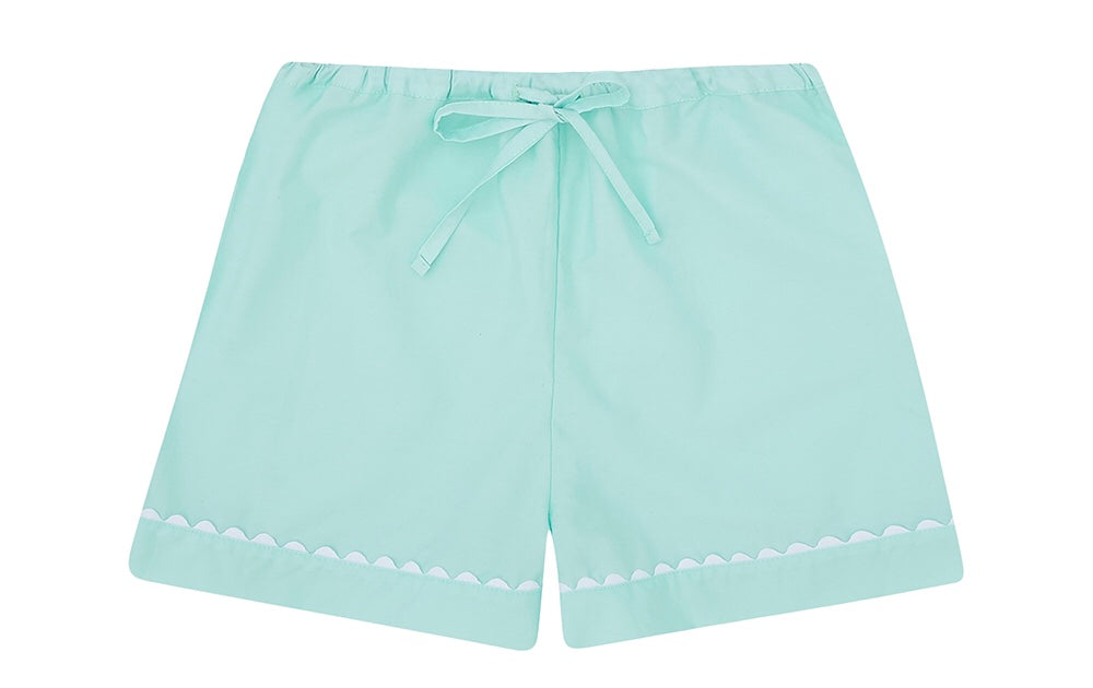100% Cotton Poplin Mint Pyjama Shorts with White Ric Rac Detailing