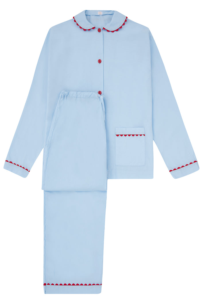 100% Cotton Poplin Pastel Blue Long Pyjamas with Red Ric Rac Trim