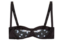 Load image into Gallery viewer, Black Stretch-Silk with Blue Polka Dot Tulle Balconette Bra