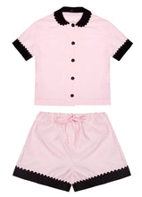 Load image into Gallery viewer, 100% Cotton Poplin Pyjamas in Pink with Black Contrasting Collar and Cuffs with Ric Rac Trim