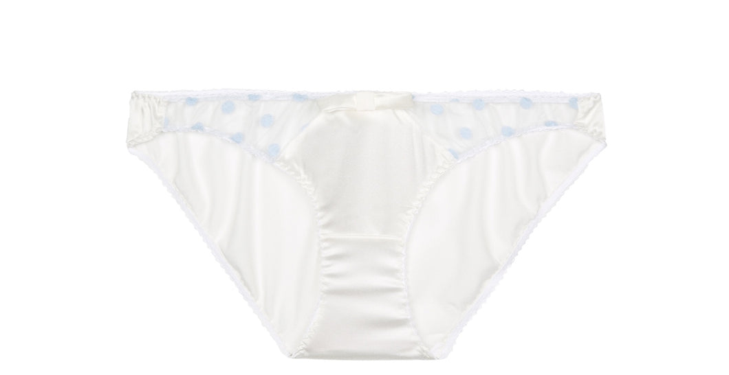 White Stretch Silk with Blue Polka Dot Tulle Briefs