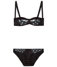 Load image into Gallery viewer, Black Stretch-Silk with Blue Polka Dot Tulle Balconette Bra