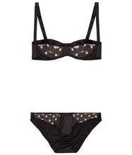 Load image into Gallery viewer, Black Stretch-Silk with Pink Polka Dot Tulle Balconette Bra