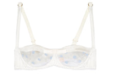 Load image into Gallery viewer, White Stretch Silk with Blue Polka Dot Tulle Balconette Bra