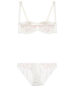 White Stretch Silk with Pink Polka Dot Tulle Balconette Bra