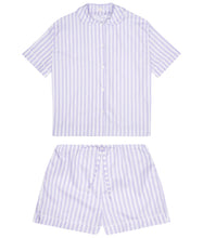 Load image into Gallery viewer, *CURRENTLY UNAVAILABLE* 100% Cotton Poplin Lilac and White Stripe Pyjamas with White Ric Rac Trim