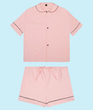 Load image into Gallery viewer, 100% Cotton Poplin Pyjamas in Pastel Pink with Black Contrasting Ric Rac Trim