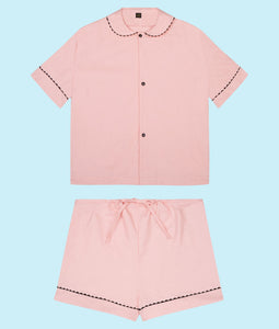 100% Cotton Poplin Pyjamas in Pastel Pink with Black Contrasting Ric Rac Trim