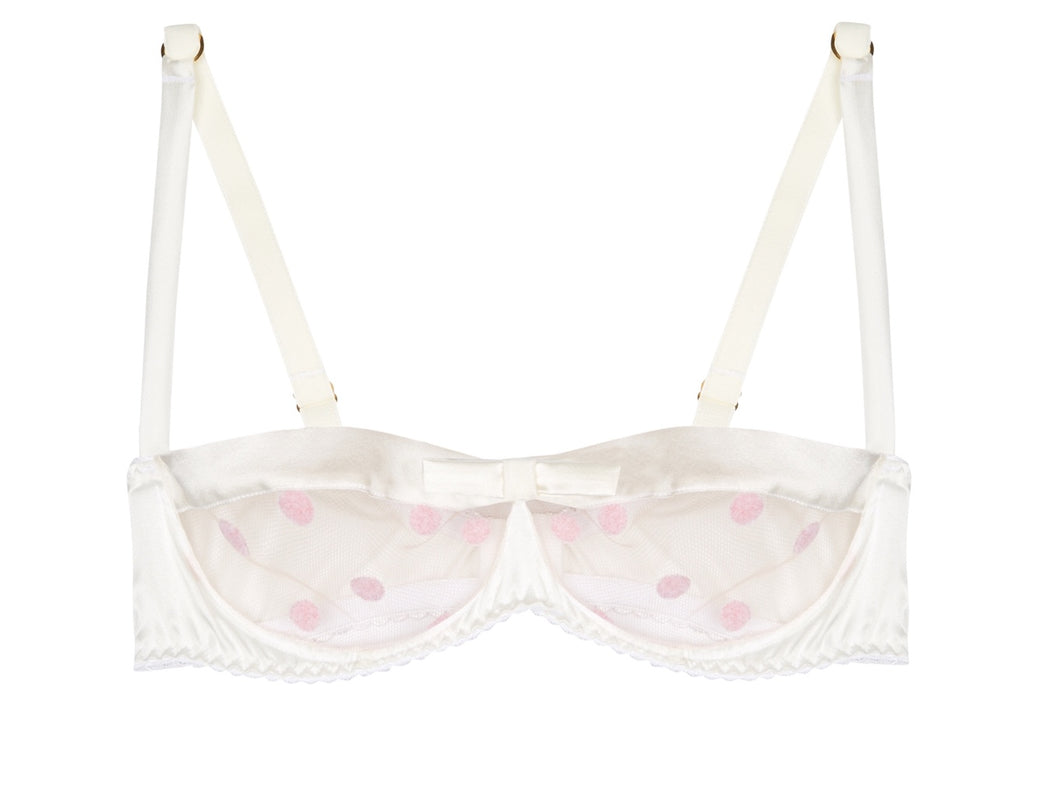 White Stretch Silk with Pink Polka Dot Tulle Balconette Bra
