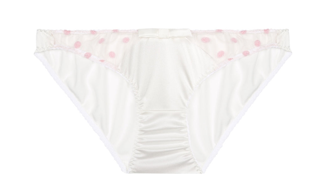 White Stretch Silk with Pink Polka Dot Tulle Briefs