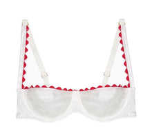 Load image into Gallery viewer, White Stretch-Silk Balconette Bra with Red Ric Rac