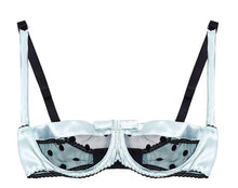 Load image into Gallery viewer, Mint Stretch-Silk and Black Polka Dot Tulle Balconette Bra Lingerie Set