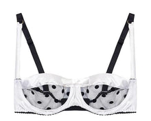 Load image into Gallery viewer, White Stretch-Silk and Black Polka Dot Tulle Bra