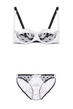 Load image into Gallery viewer, White Stretch-Silk and Black Polka Dot Tulle Balconette Bra Lingerie Set