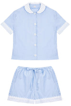 Load image into Gallery viewer, 100% Cotton Poplin Pyjamas in Blue with White Contrasting Collar and Cuffs with Ric Rac Trim