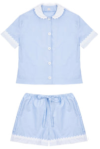 100% Cotton Poplin Pyjamas in Blue with White Contrasting Collar and Cuffs with Ric Rac Trim