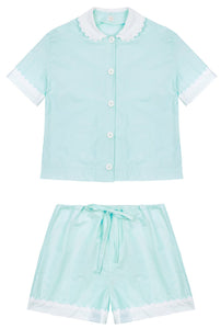 100% Cotton Poplin Pyjamas in Mint with White Contrasting Collar and Cuffs with Ric Rac Trim