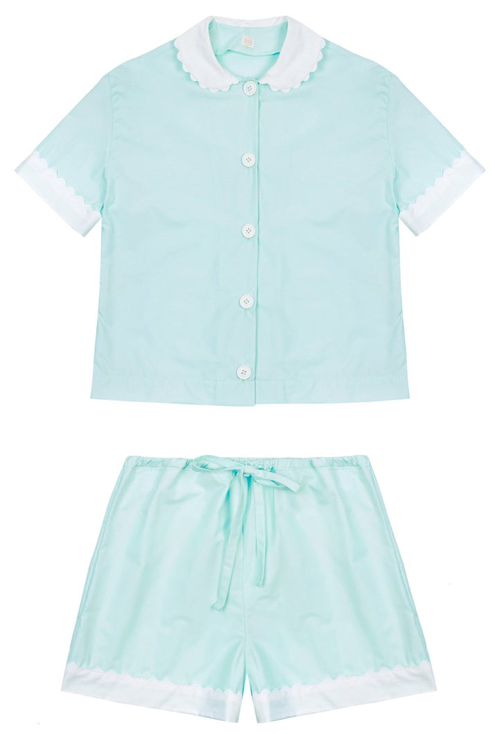 100% Cotton Poplin Pyjamas in Mint with White Contrasting Collar and Cuffs with Ric Rac Trim