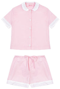 100% Cotton Poplin Pyjamas in Pink with White Contrasting Collar and Cuffs with Ric Rac Trim