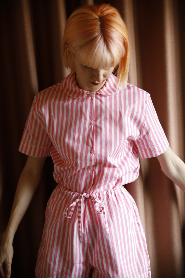 100% Cotton Poplin Pink and White Stripe Pyjamas with White Ric Rac Trim