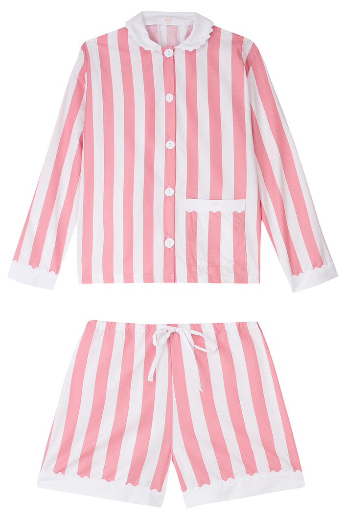 100% Cotton Poplin Pink  & White Stripe Short Pyjamas with Side Pocket, White Collar and Cuffs Ric Rac Trim