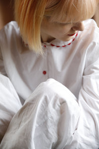 100% Cotton Poplin White Long Pyjamas with Red Ric Rac Trim