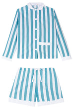 Load image into Gallery viewer, 100% Cotton Poplin Blue &amp; White Stripe Short Pyjamas with Side Pocket, White Collar and Cuffs Ric Rac Trim