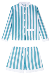 100% Cotton Poplin Blue & White Stripe Short Pyjamas with Side Pocket, White Collar and Cuffs Ric Rac Trim