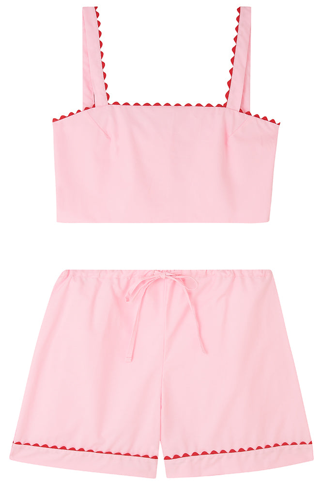 Pale Pink Crop Top and Shorts Matching Set with Red Ric Rac Trim - 100% Cotton Poplin