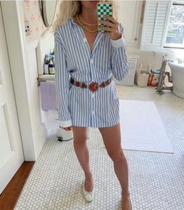 Blue and White Stripe Nightshirt with White Collar and Cuffs - 100% Cotton Poplin