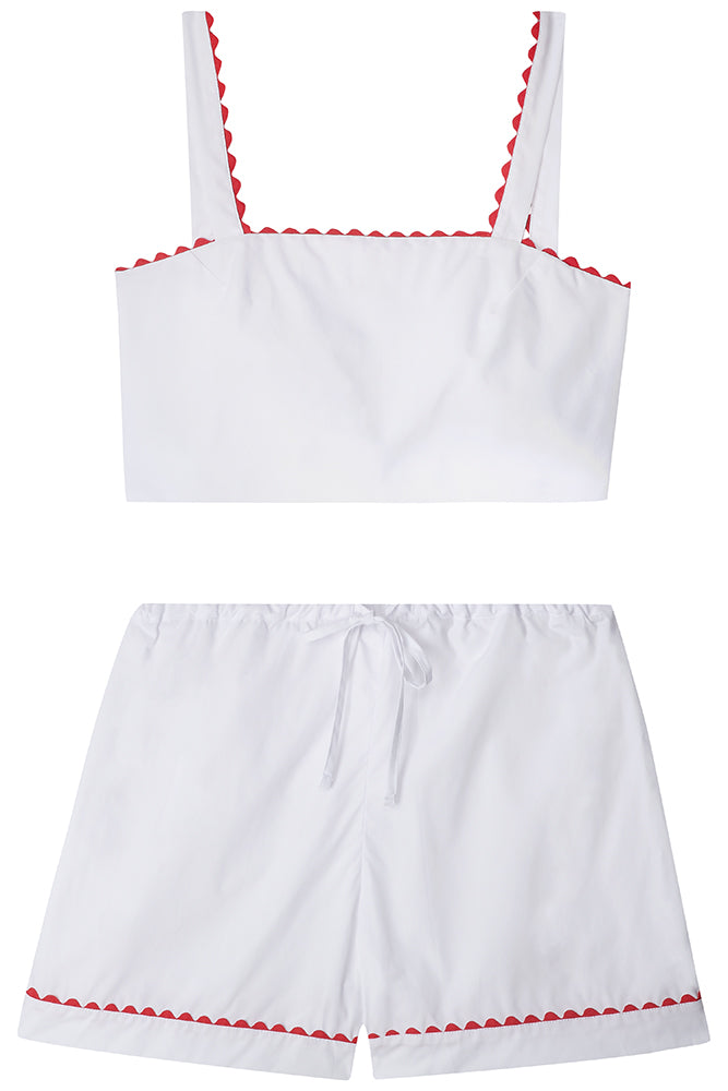 White Crop Top and Shorts Matching Set with Red Ric Rac Trim - 100% Cotton Poplin