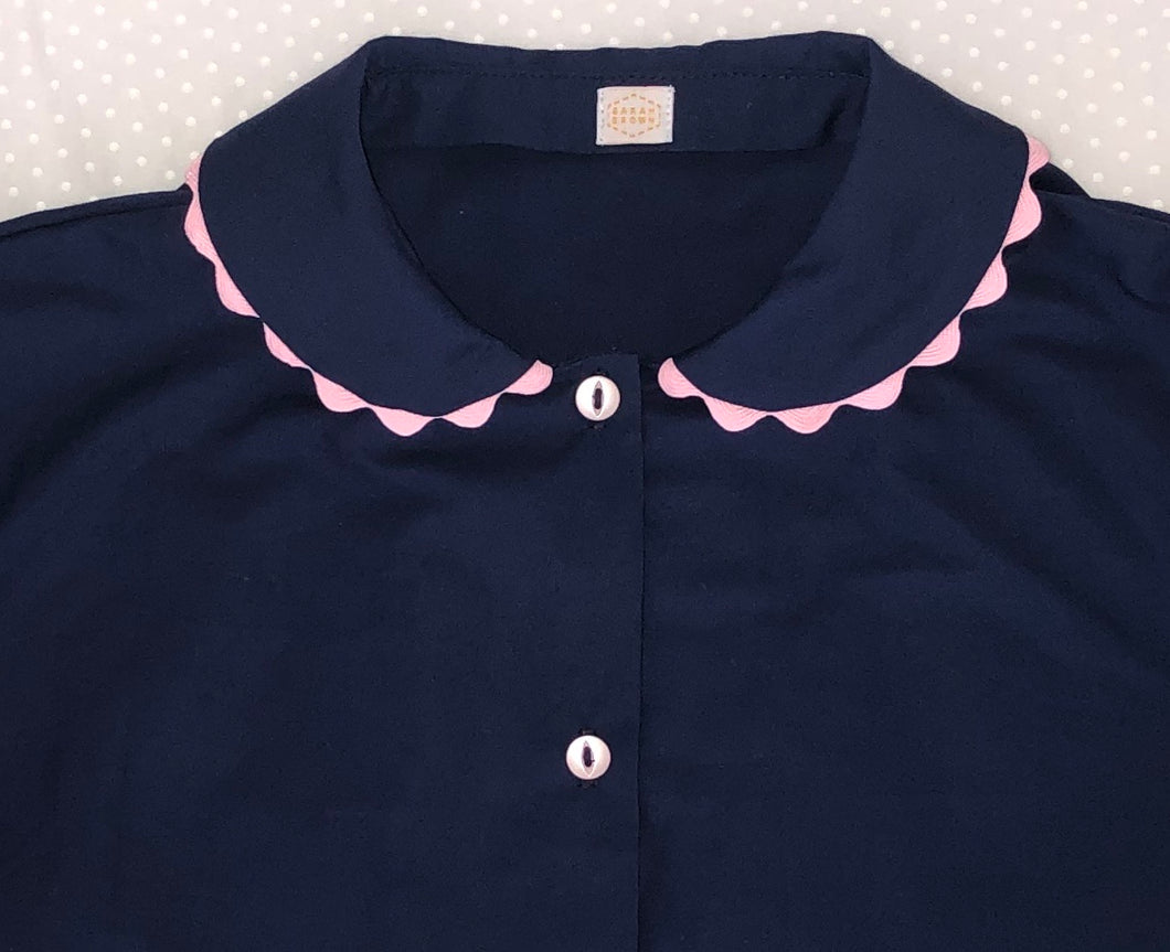 100% Cotton Poplin Pyjamas in Navy with Pink Contrasting Ric Rac Trim