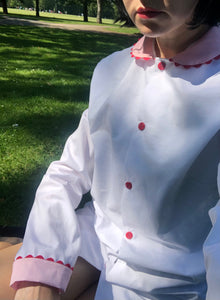 White Nightshirt with Contrasting Pink Collar and Cuffs and Red Ric Rac Trim - 100% Cotton Poplin