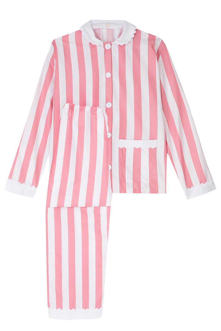 100% Cotton Poplin Pink  & White Stripe Long Pyjamas with Side Pocket, White Collar and Cuffs Ric Rac Trim