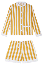 Load image into Gallery viewer, 100% Cotton Poplin Ochre  &amp; White Stripe Short Pyjamas with Side Pocket, White Collar and Cuffs Ric Rac Trim