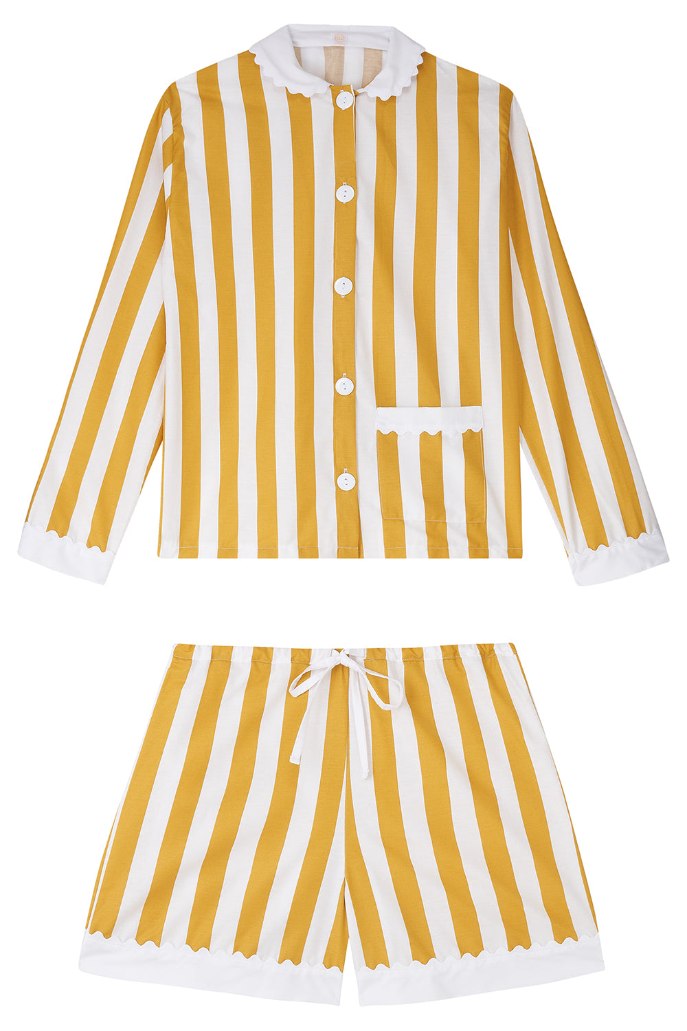 100% Cotton Poplin Ochre  & White Stripe Short Pyjamas with Side Pocket, White Collar and Cuffs Ric Rac Trim