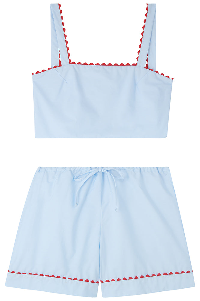 Pale Blue Crop Top and Shorts Matching Set with Red Ric Rac Trim - 100% Cotton Poplin