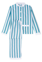 Load image into Gallery viewer, 100% Cotton Poplin Blue &amp; White Stripe Long Pyjamas with Side Pocket, White Collar and Cuffs Ric Rac Trim