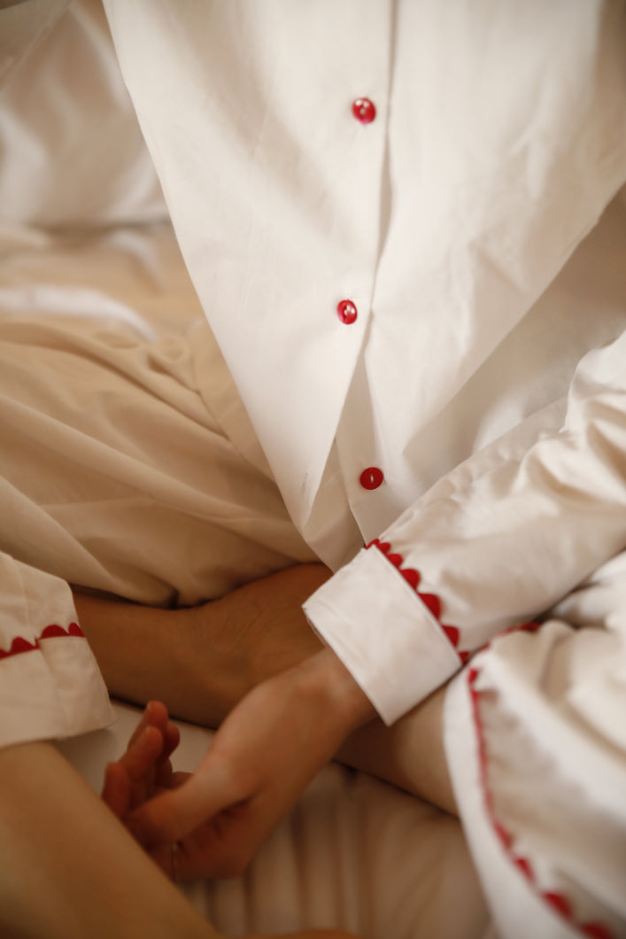 100% Cotton Poplin White Long Pyjamas with Red Ric Rac Trim