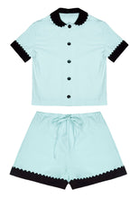 Load image into Gallery viewer, 100% Cotton Poplin Pyjamas in Mint with Black Contrasting Collar and Cuffs with Ric Rac Trim