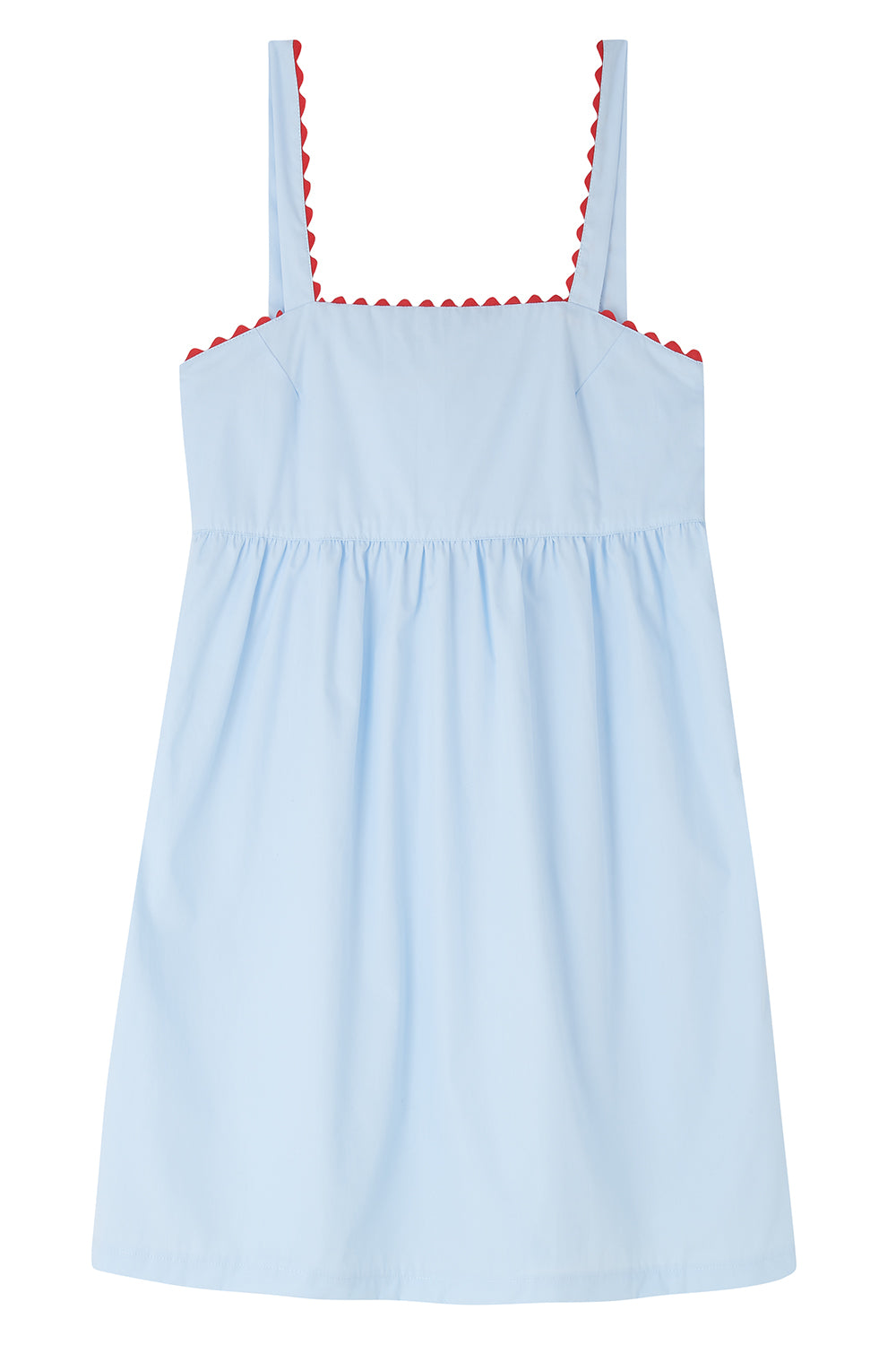 Pale Blue Mini Nightdress with Red Ric Rac - 100% Cotton Poplin