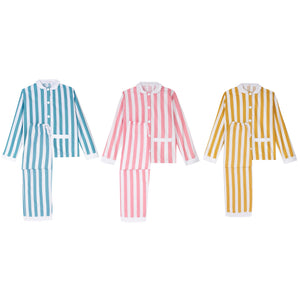 100% Cotton Poplin Blue & White Stripe Long Pyjamas with Side Pocket, White Collar and Cuffs Ric Rac Trim